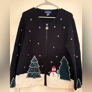 CHARTER CLUB Jolly Snowmen Christmas Zip Sweater Trees Embroidery PL Lambswool